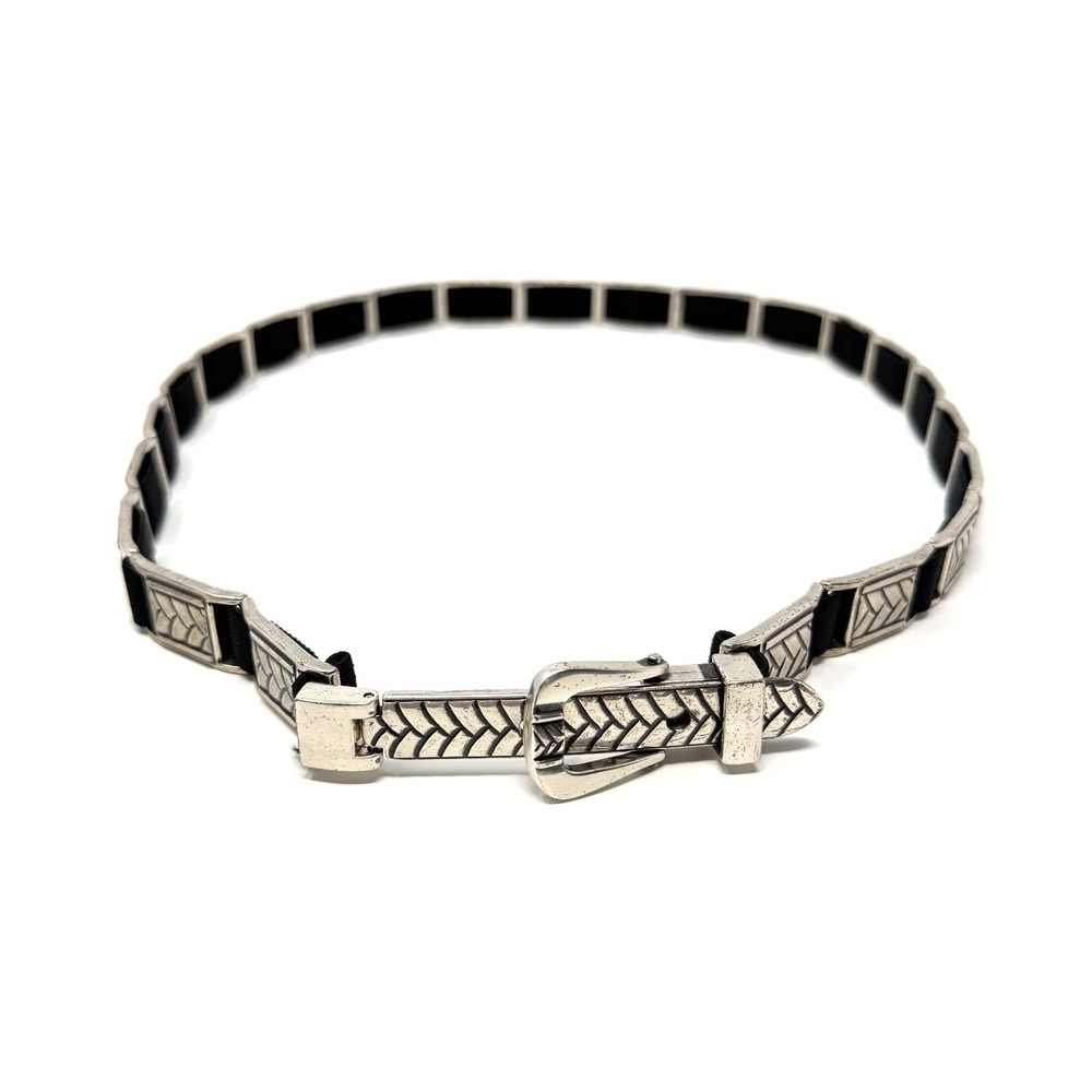 Chico's Large Elastic Stretch Belt Black Silver Tone Metal Size L‎